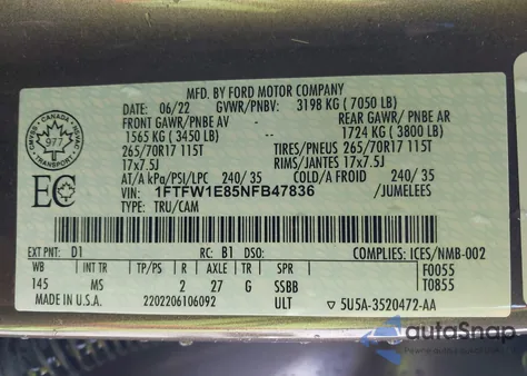 2022 Ford F-150 Xlt from USA, damaged, VIN 1FTFW1E85NFB47836